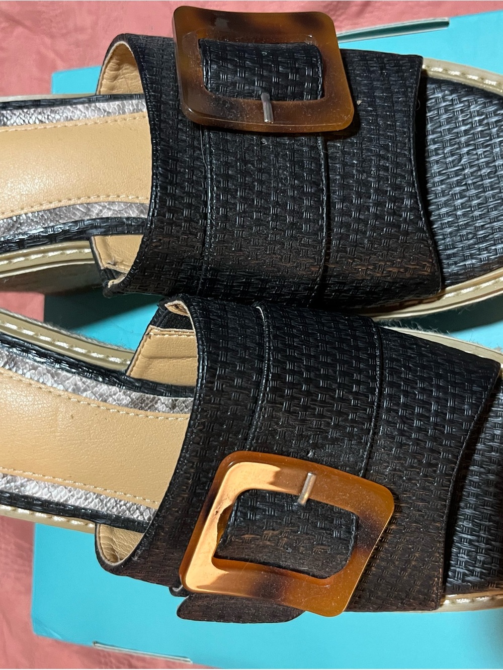Sam Edelman Black Woven Slide Sandals with Tortoiseshell Buckle